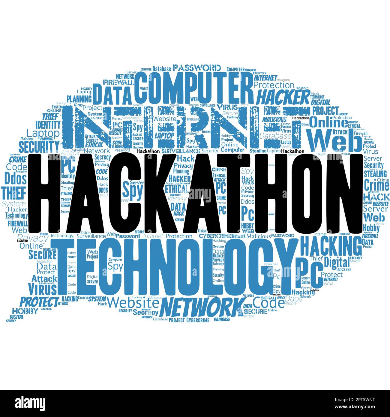 Wordcloud in Form einer Chat-Box mit Worten hakathon. Stockfoto