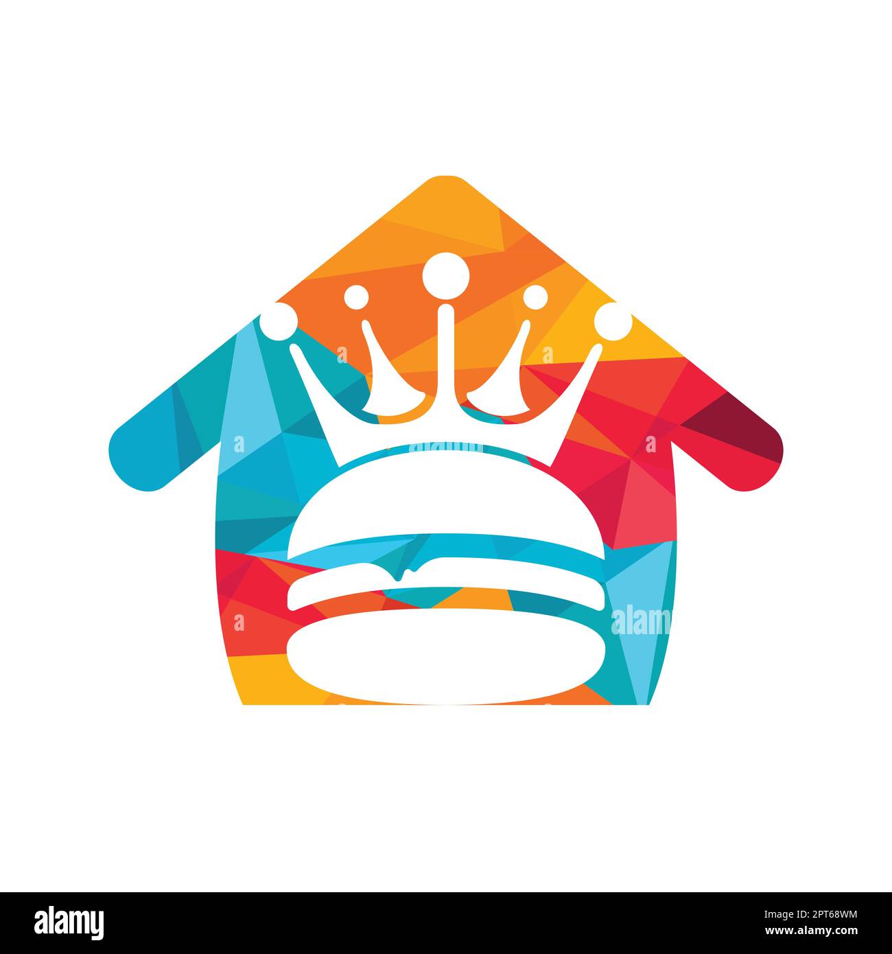 Burger King Vektor-Logo-Design. Burger mit Krone und Schnurrbart mit Logo in Heimform. Stock Vektor