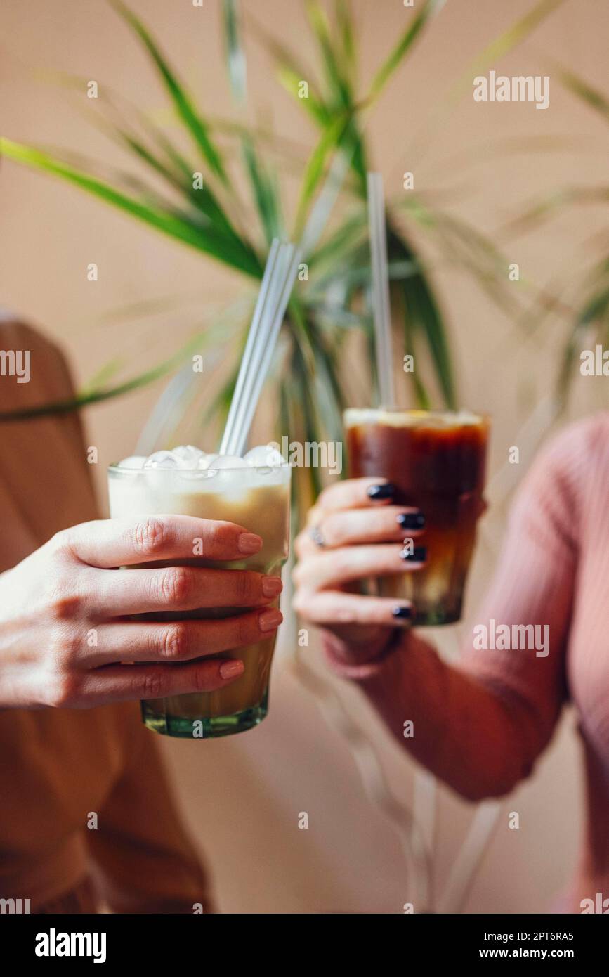 Glückliche junge Freundinnen machen eine Kaffeepause, während sie sich im Café entspannen. Freundschaftskonzept Stockfoto