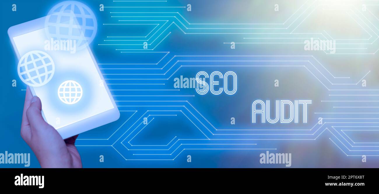 Schreiben von Text anzeigen Seo Audit, Business Showcase Search Engine Optimization Validieren und Verifizieren Prozess Stockfoto