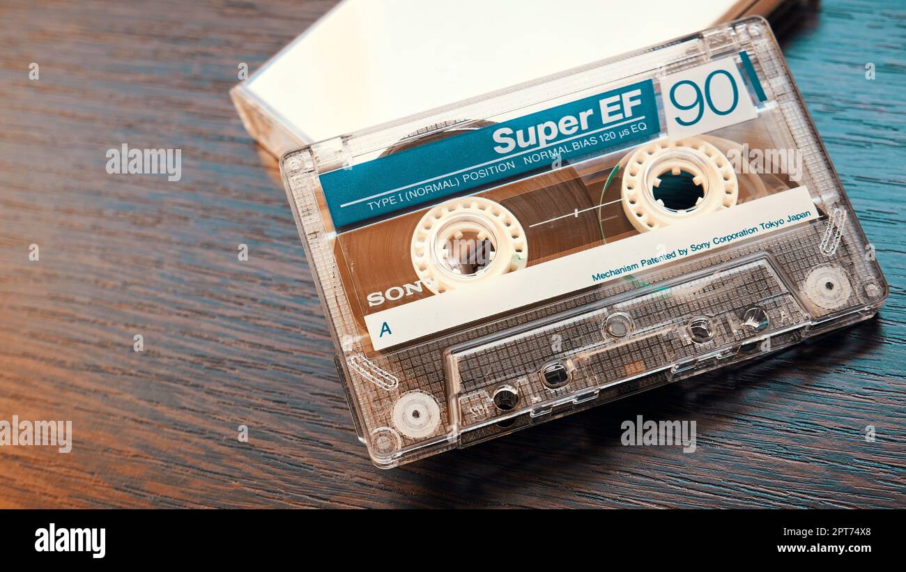 Sony Super EF 90 Audiokassette, Draufsicht Stockfoto