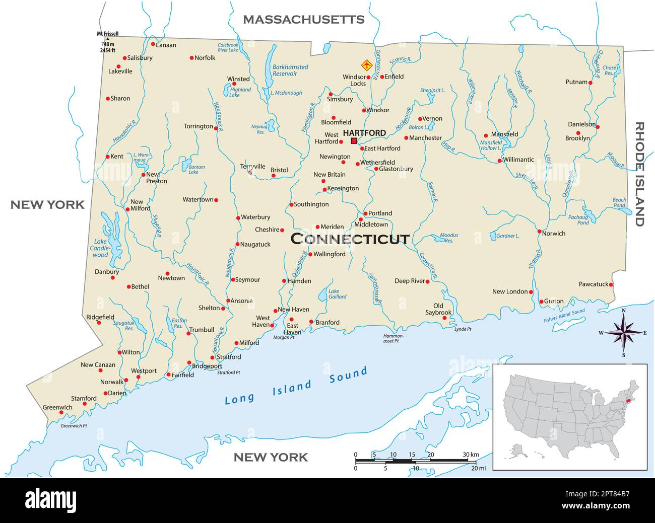 Sehr detaillierte physische Karte des US-Bundesstaates Connecticut Stock Vektor