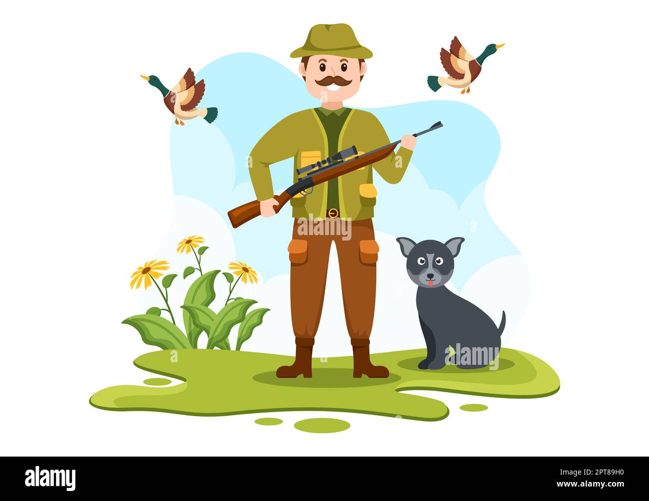 Jäger mit Jagdgewehr oder Waffe Schießen auf Vögel oder Tiere im Wald auf flache Cartoon Hand Zeichnung Vorlage Illustration Stockfoto