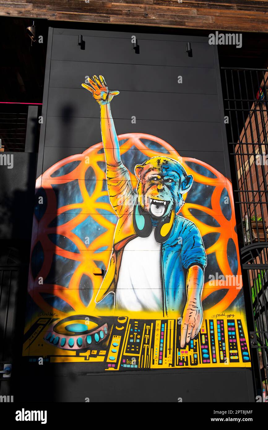 Graffito mit Affe als DJ, Freemont Street, Las Vegas, Nevada, USA Stockfoto