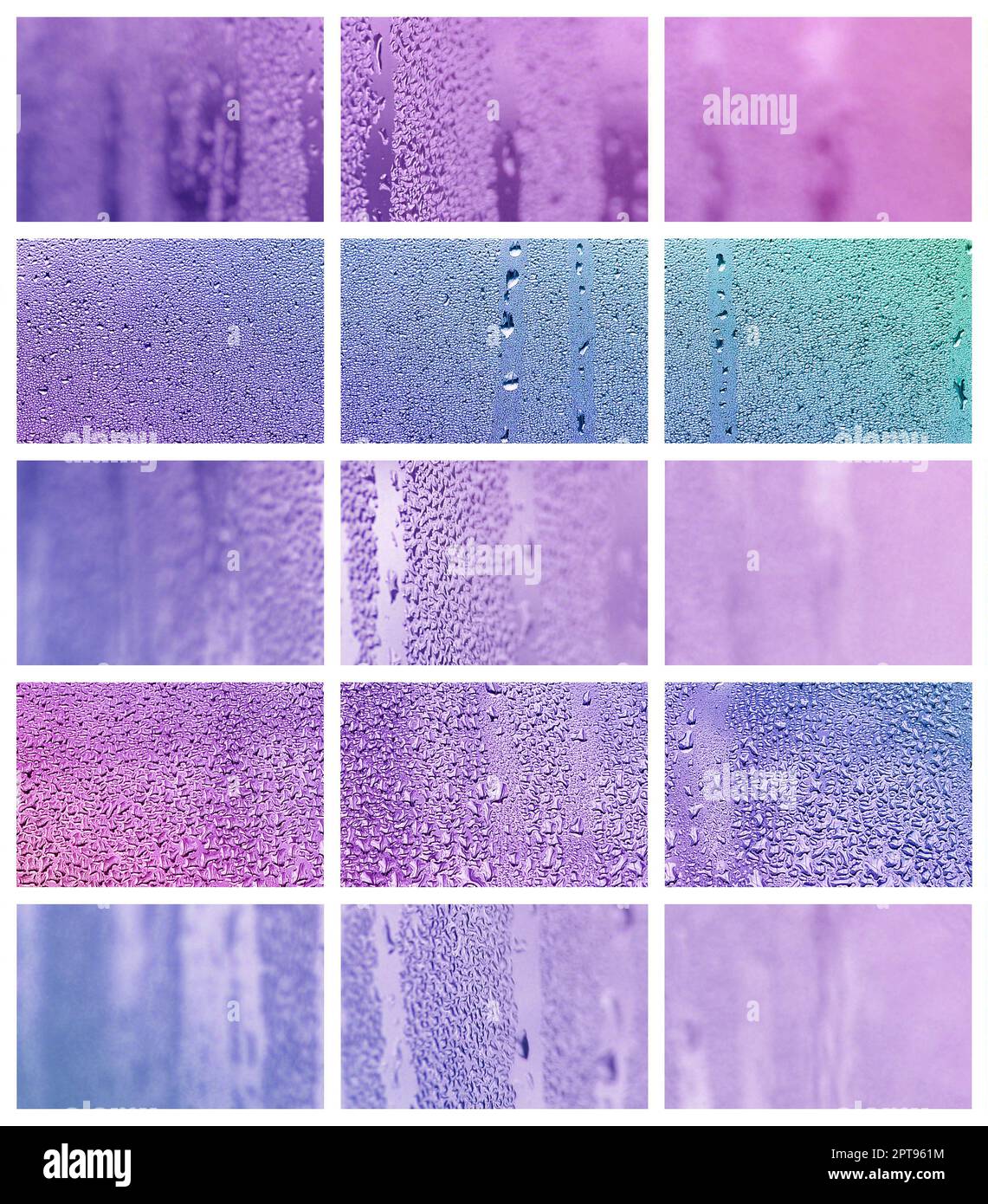 Eine Collage aus vielen verschiedenen Fragmenten aus Glas, mit regen Tropfen aus dem Kondensat eingerichtet. Lila und violetten Tönen Stockfoto
