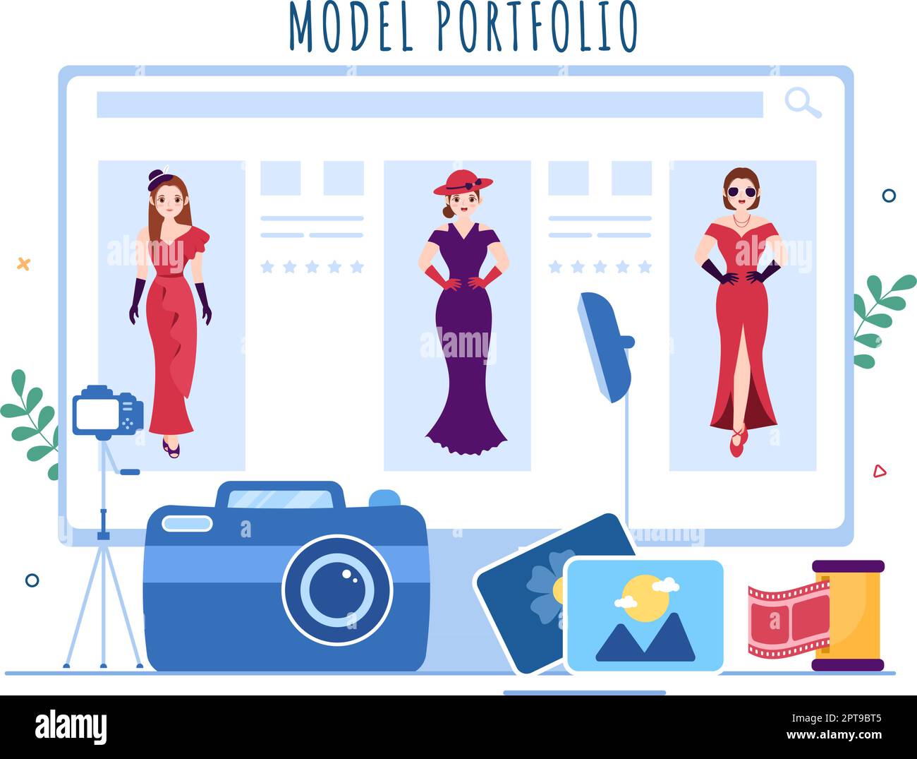 Model Portfolio Template Handgezeichnete Cartoon Flat Illustration mit Manager der Modeling Agency und Fotograf machen Fotos von Model in Platform Design Stock Vektor