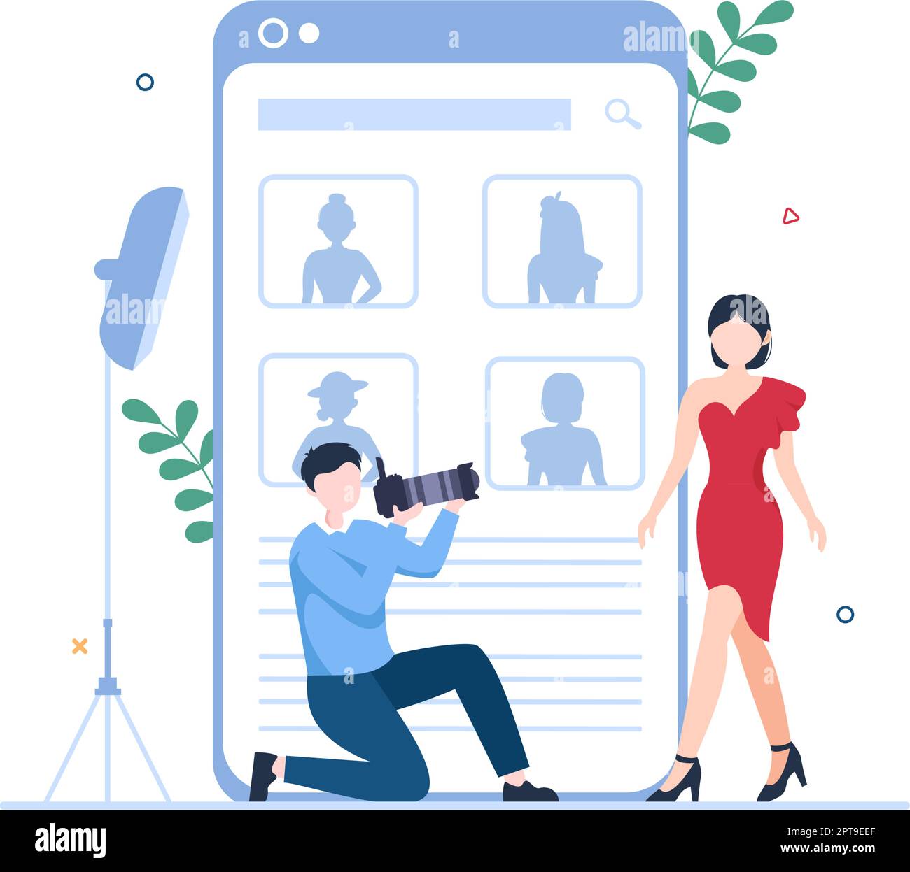 Model Portfolio Template Handgezeichnete Cartoon Flat Illustration mit Manager der Modeling Agency und Fotograf machen Fotos von Model in Platform Design Stock Vektor