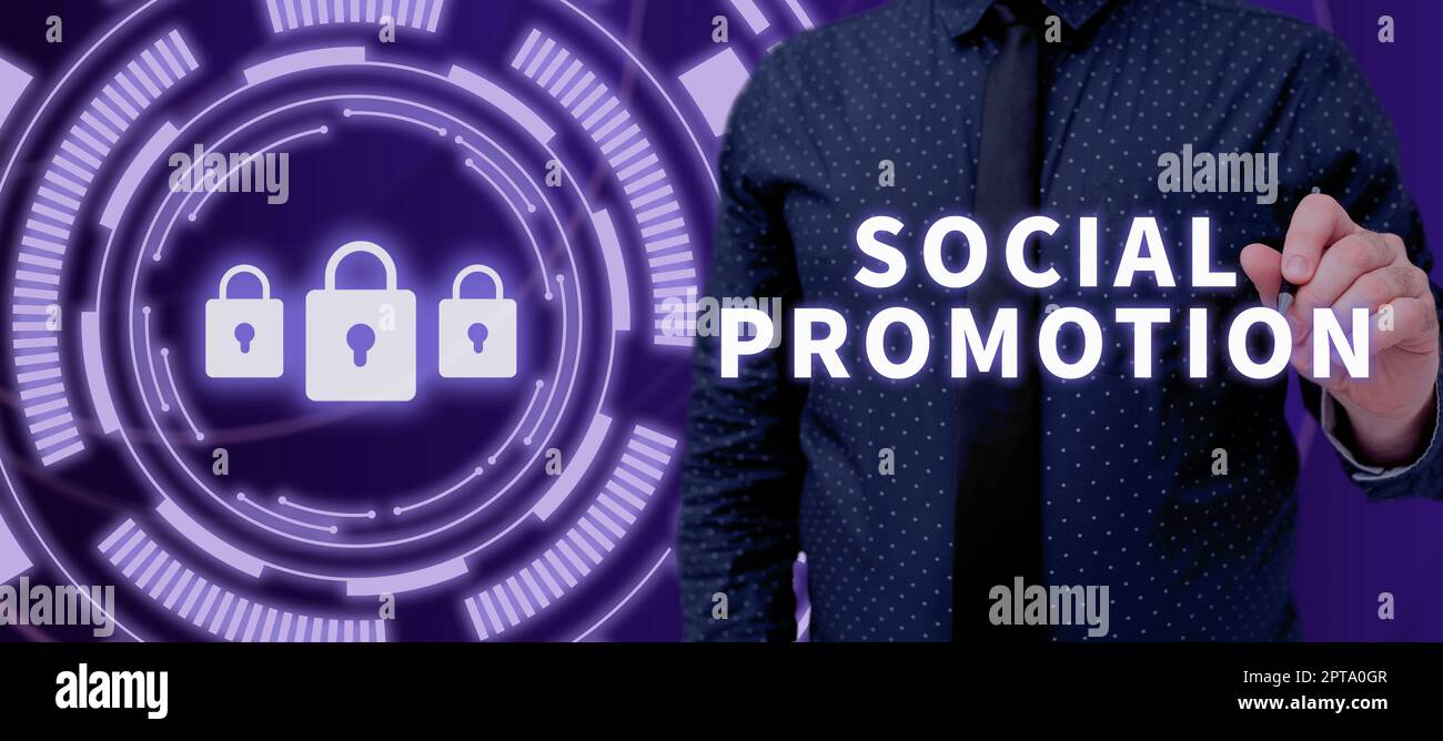 Hand schreiben Zeichen Social Promotion, Word für bewerten die Funktionalität einer Software-Anwendung Stockfoto