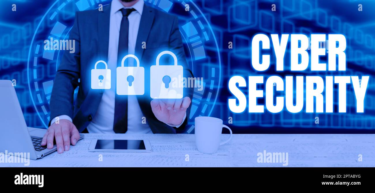 Konzeptionelle Darstellung Cyber Security, Konzept bedeutet Notfallplanung Prognose eines Desasters oder Vorfalls Mann mit Laptop und Pad drücken auf Securit Stockfoto