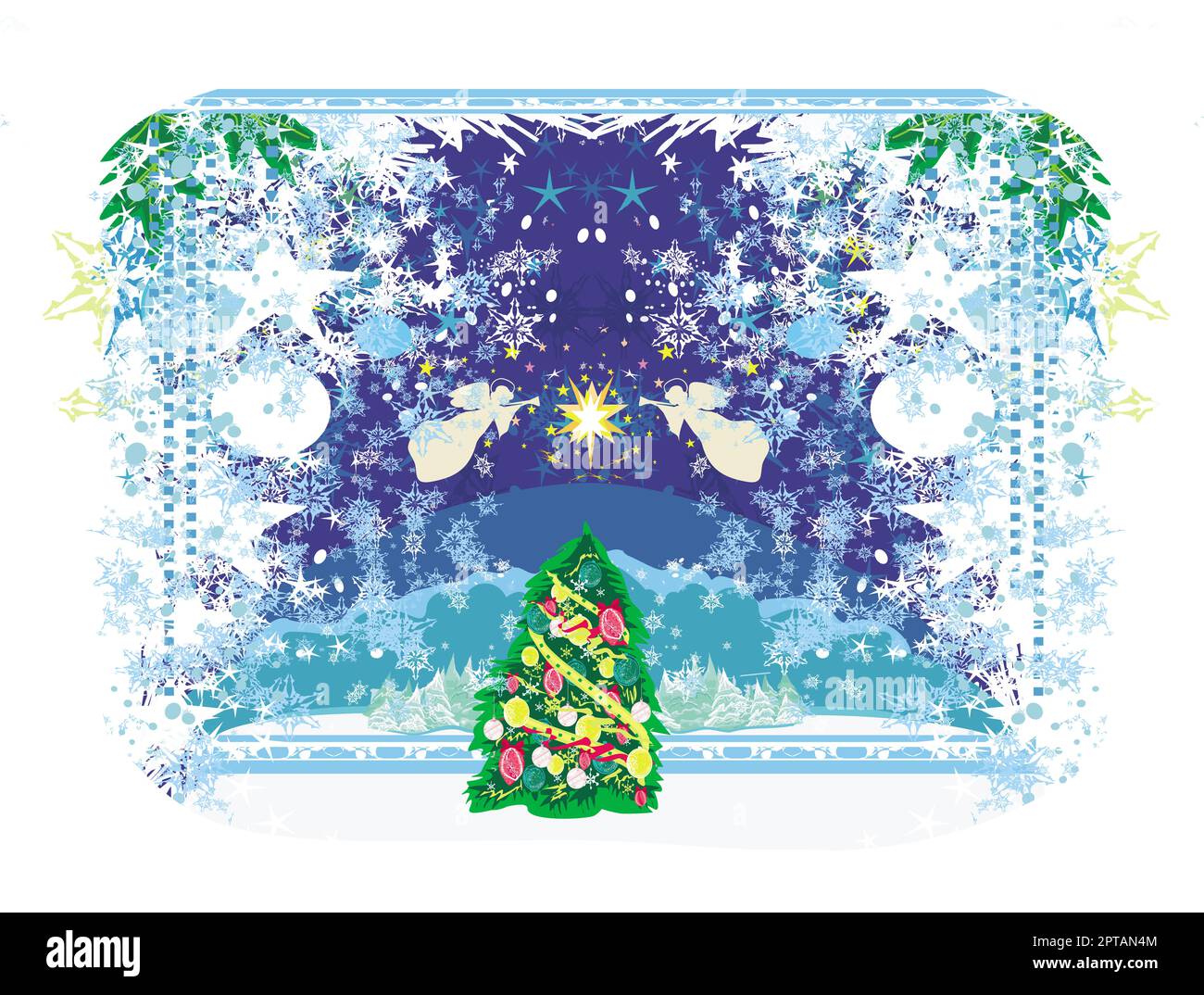 Abstrakte Weihnachtskarte mit Engeln und einem verzierten Weihnachtsbaum Stockfoto