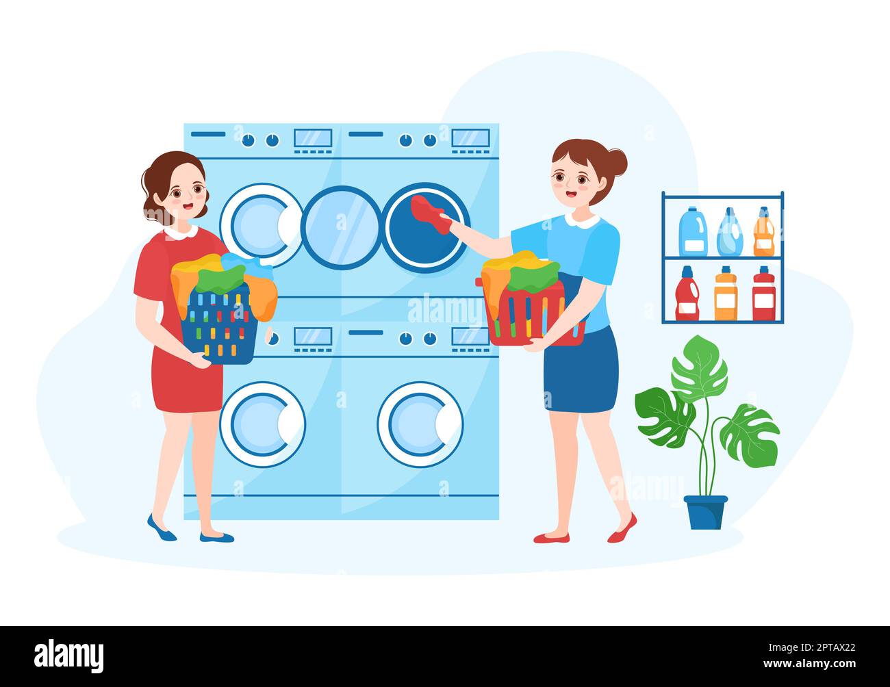 Reinigung Shop Service mit Waschmaschinen, Trockner und Wäsche für saubere Kleidung in Flat Cartoon Handgezeichnete Vorlagen Illustration Stockfoto