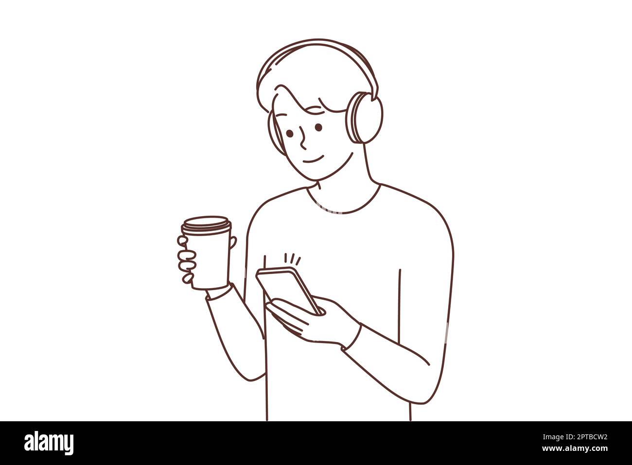 Junger Mann mit Kopfhörern, der Kaffee trinkt und SMS auf dem Smartphone schreibt. Ein lächelnder Typ mit Kopfhörern, der sich mit einem Mitnahmegetränk am Handy unterhält. Vektordarstellung. Stockfoto