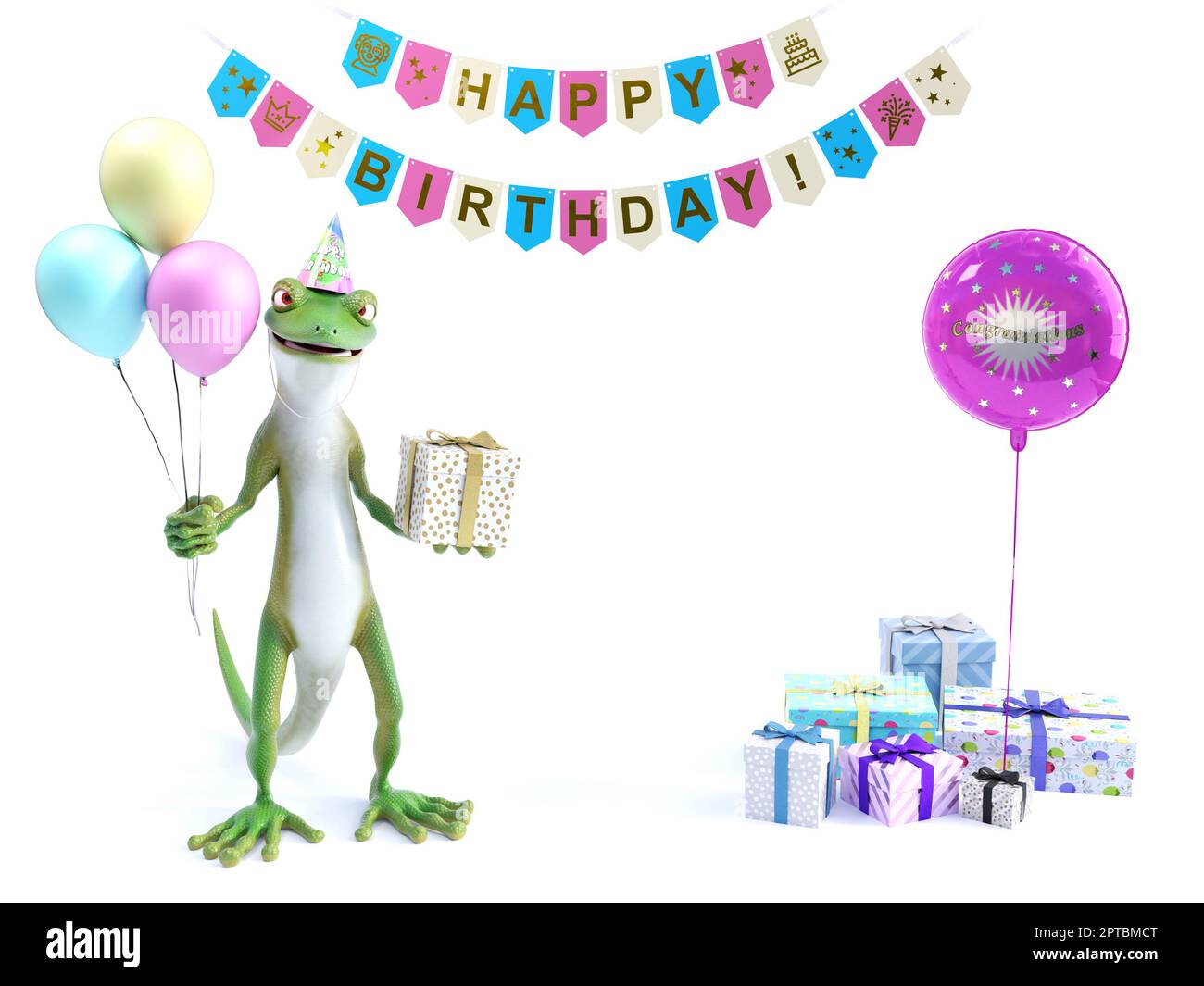 3D Darstellung eines kühlen grünen Geckos oder einer Eidechse mit drei Ballons in der einen Hand und einem eingewickelten Geschenk in der anderen, um eine Geburtstagsfeier zu feiern. Stockfoto