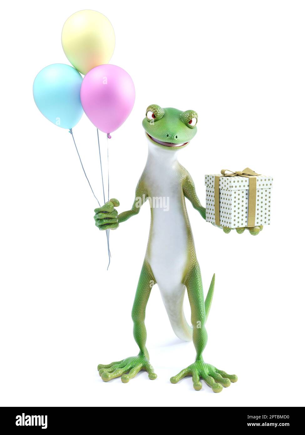 3D Darstellung eines kühlen grünen Geckos oder einer Eidechse, der aufsteht und drei Ballons in der einen Hand und ein eingewickeltes Geschenk in der anderen hält. Weißer Hintergrund. Stockfoto