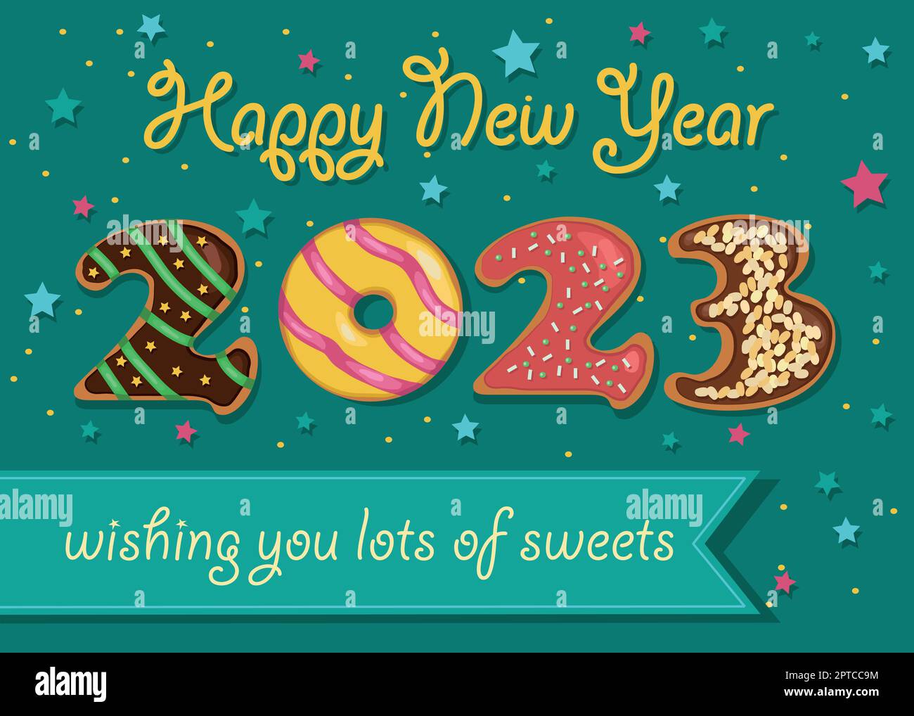 Frohes Neues Jahr 2023. Bunte Nummer wie süße Donuts mit Creme- und Nussdekor. Hintergrund mit Sternen und Konfetti. Banner für benutzerdefinierten Text. Creme Text - Frohes neues Jahr. Vektordarstellung Stock Vektor