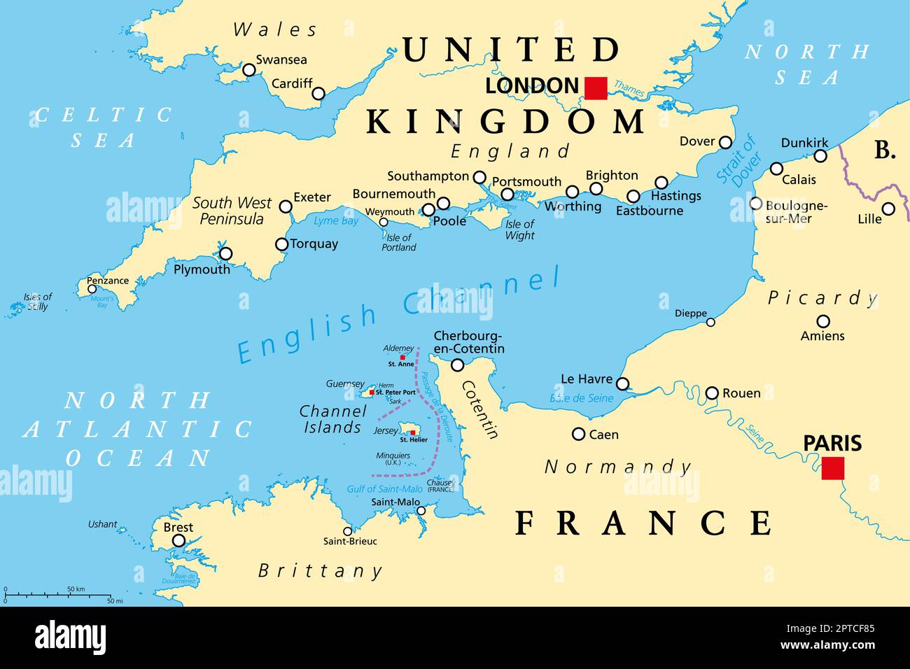 Englischer Kanal, politische Karte, das belebteste Versandgebiet der Welt Stock Vektor
