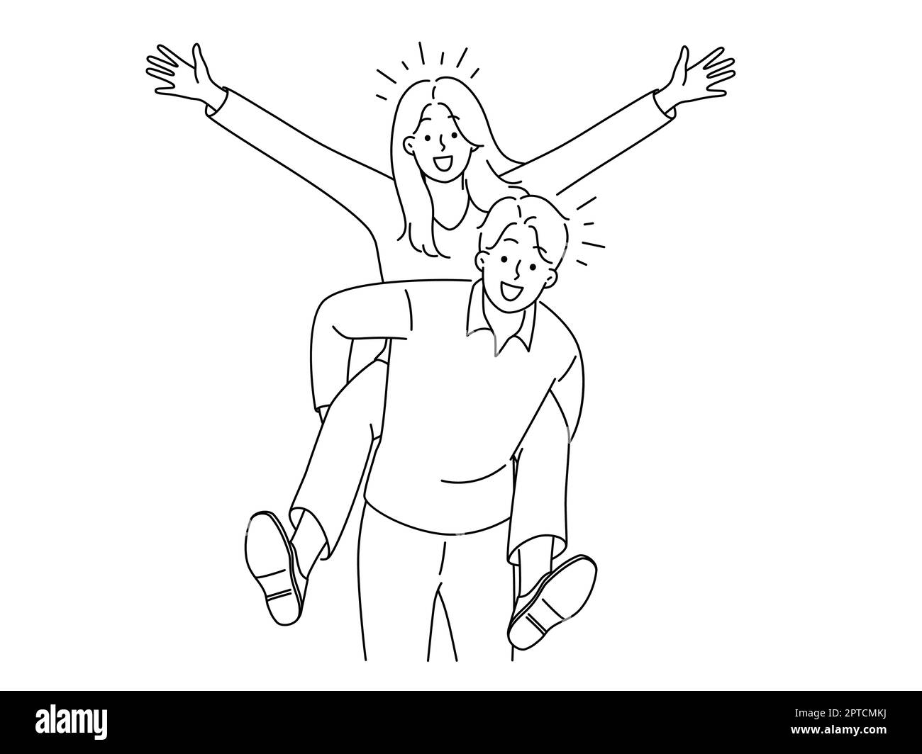 Glückliche Frau, Huckepack, lächelnder Mann, viel Spaß zusammen. Ein überfreuliches Paar, das sich positiv fühlt. Männlich trägt Freundin auf dem Rücken. Vektordarstellung. Stockfoto