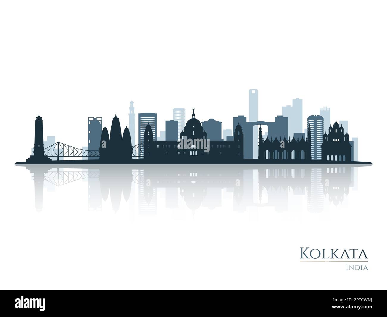 Silhouette der Kolkata-Skyline mit Reflexion. Landschaftsbild Kalkutta, Indien. Vektordarstellung. Stockfoto