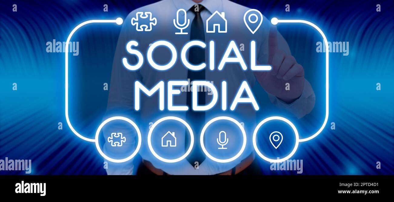 Textunterschrift mit Darstellung von Social Media, Internetkonzept Online-Kommunikationskanal Vernetzung Microblogging Stockfoto