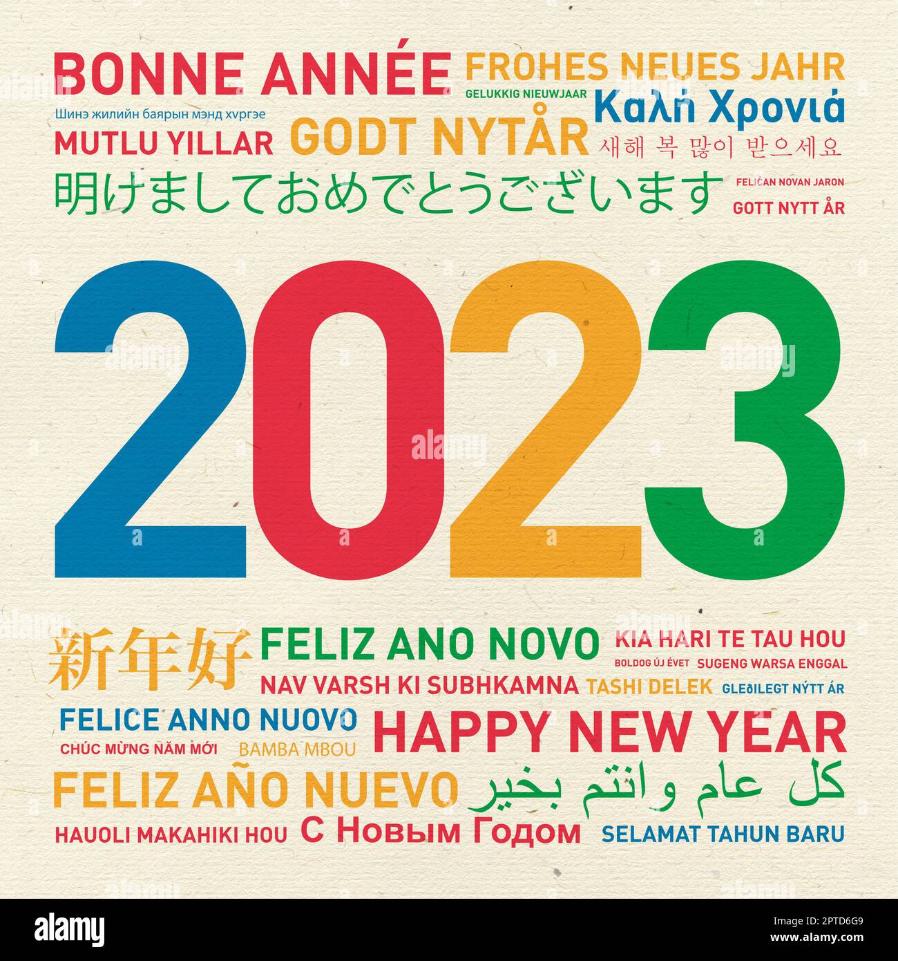 Frohes neues Jahr 2023 Karte aus der Welt in verschiedenen Sprachen und Farben Stockfoto