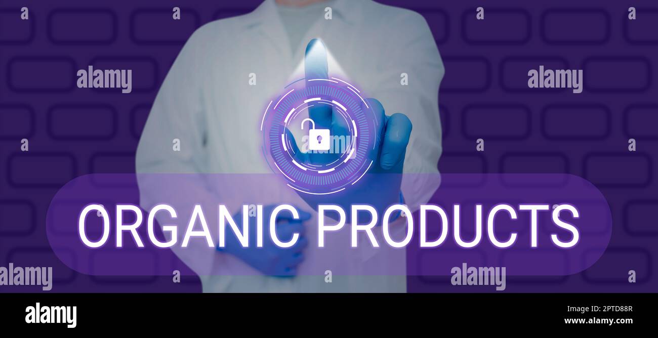 Schild mit organischen Produkten, Geschäftsidee Arbeitsumgebung, in der die Verwendung von Papier entfällt Stockfoto