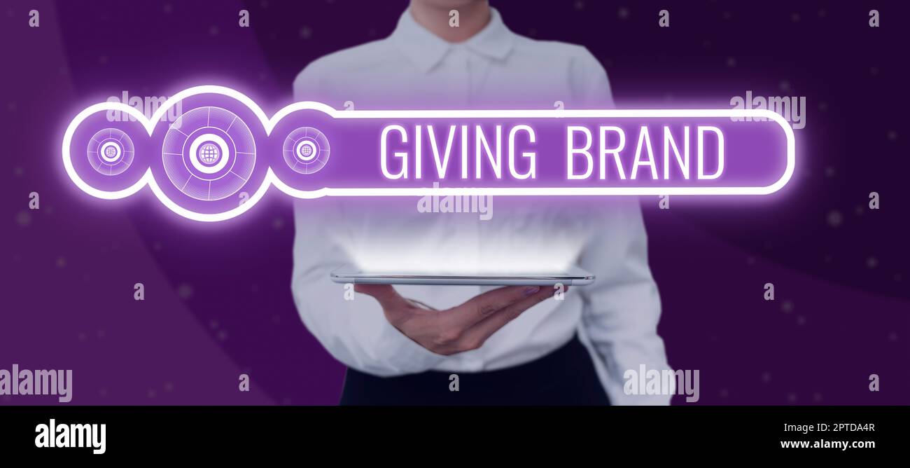 Textschild mit Angabe der Marke, Konzeptfoto der Prozess der Namensgabe an Produkte oder Dienstleistungen eines Unternehmens Stockfoto