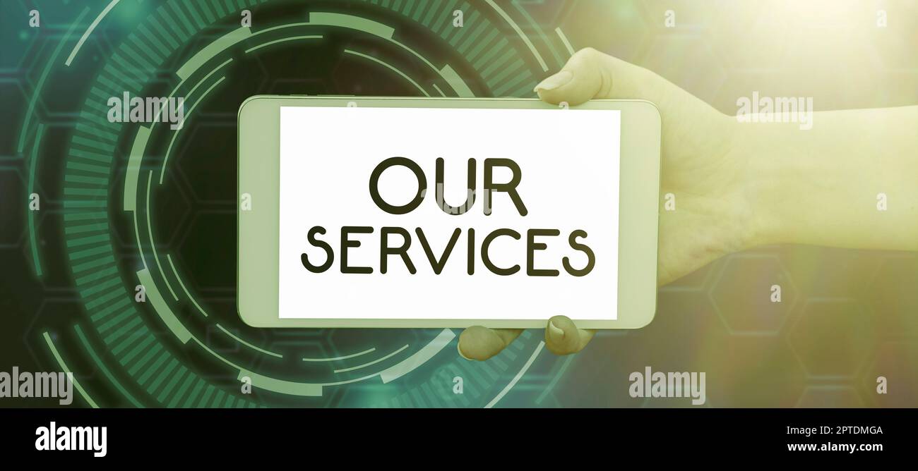 Text, der Inspiration für unsere Services und Geschäfte zeigt, wie der Beruf oder die Funktion des Servierens immaterieller Produkte aussieht Stockfoto