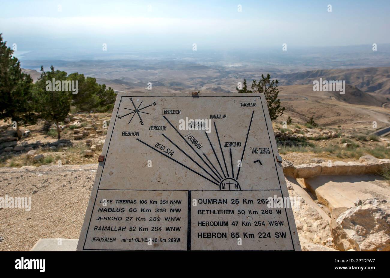 Ein Schild am Mt. Nebo in Jordanien mit Blick auf das Heilige Land des Nahen Ostens mit Entfernungen zu jeder Stadt. Stockfoto