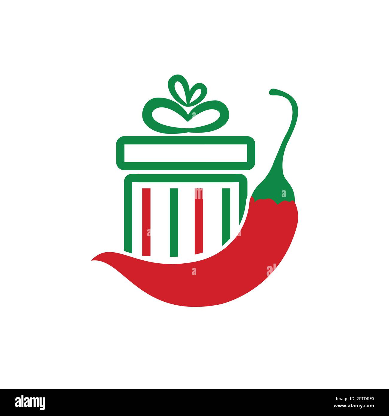 Design-Vorlage für „Spicy Gift Vector“-Logo. Rotes Chili-Logo mit Vektormuster. Stock Vektor