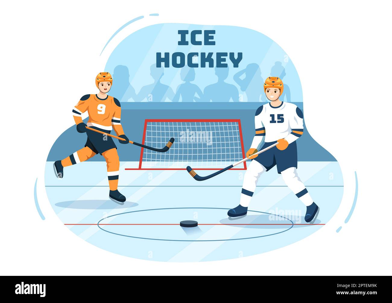 Eishockey Spieler Sport Mit Helm Stock Puck Und Schlittschuhe Auf Eishockey Spieler Sport Mit Helm Stock Puck Und Schlittschuhe Auf