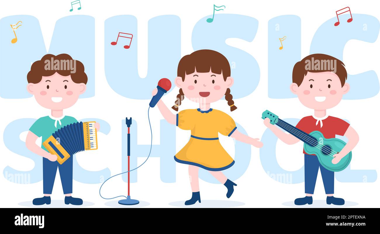 Musik Schule Vorlage in Hand gezeichnet Cartoon flache Illustration Spielen verschiedene Musikinstrumente, Lernen Bildung Musiker und Sänger Stock Vektor