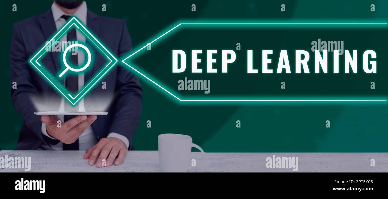 Schild mit Deep Learning, Konzept bedeutet hierarchische Abstraktionen Künstliche Intelligenz Algorithmus Stockfoto