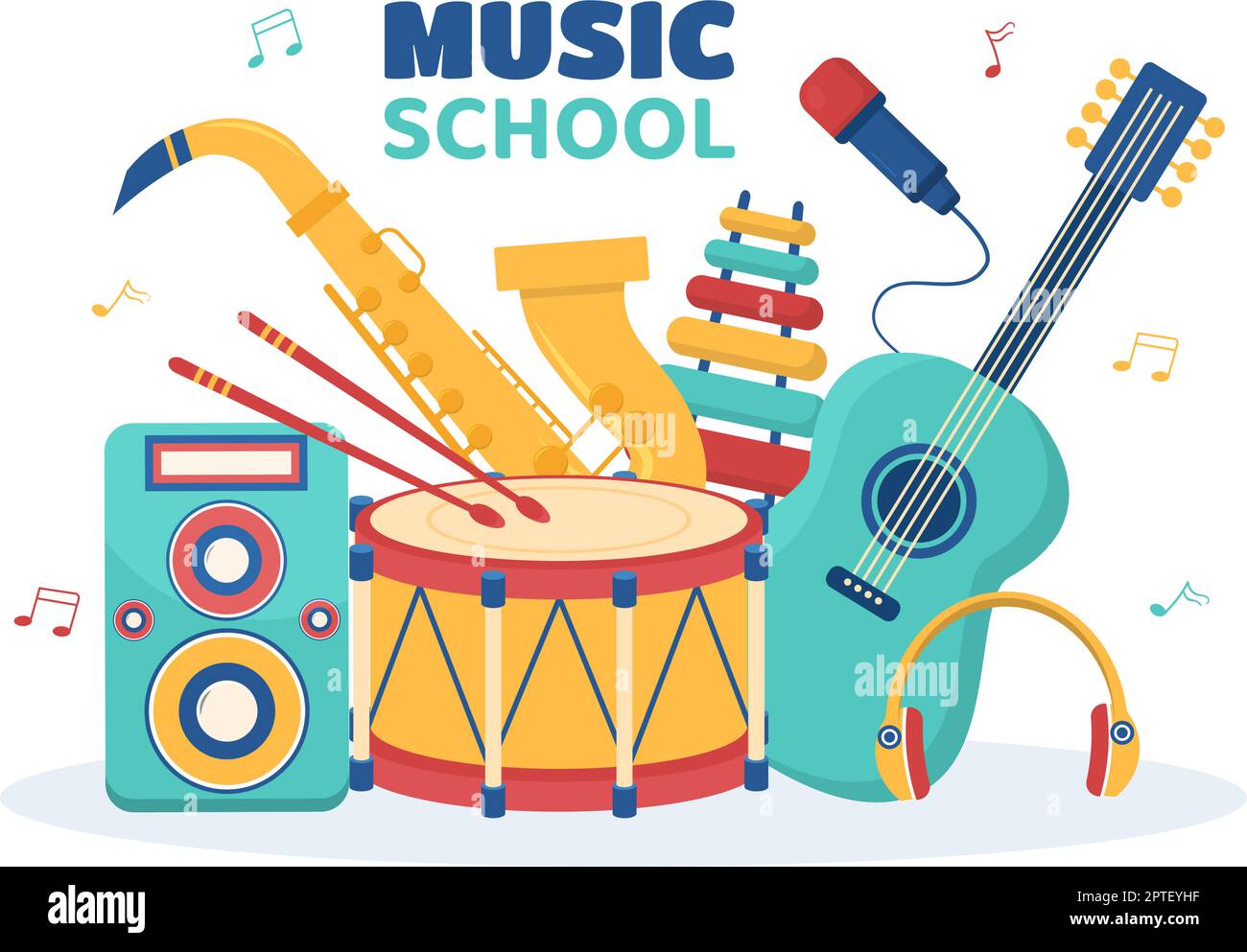 Musik Schule Vorlage in Hand gezeichnet Cartoon flache Illustration Spielen verschiedene Musikinstrumente, Lernen Bildung Musiker und Sänger Stock Vektor