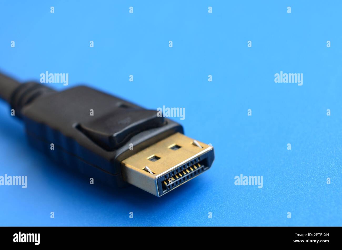 20-poliger vergoldeter DisplayPort-Stecker für eine fehlerfreie Verbindung auf blauem Hintergrund Stockfoto