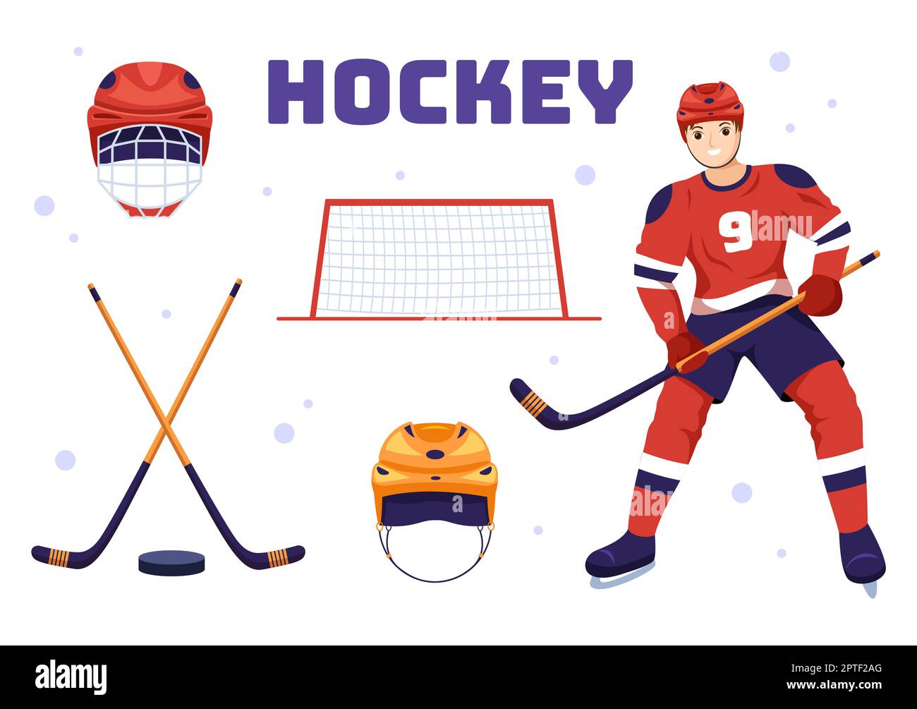 Eishockey-Spieler Sport mit Helm, Stock, Puck und Schlittschuhe auf Eisfläche für Spiel oder Meisterschaft in flachen Cartoon Handgezeichnete Vorlagen Illustration Stockfoto