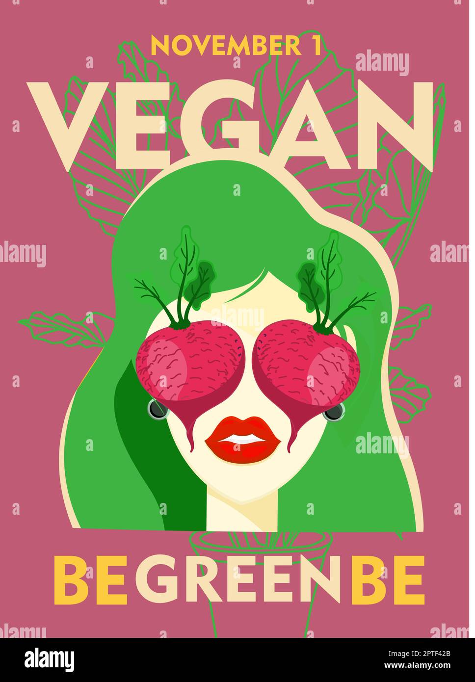 Seien Sie grün. Modisches vertikales Banner zum Thema Vegetarismus. Veganer Tag Stockfoto