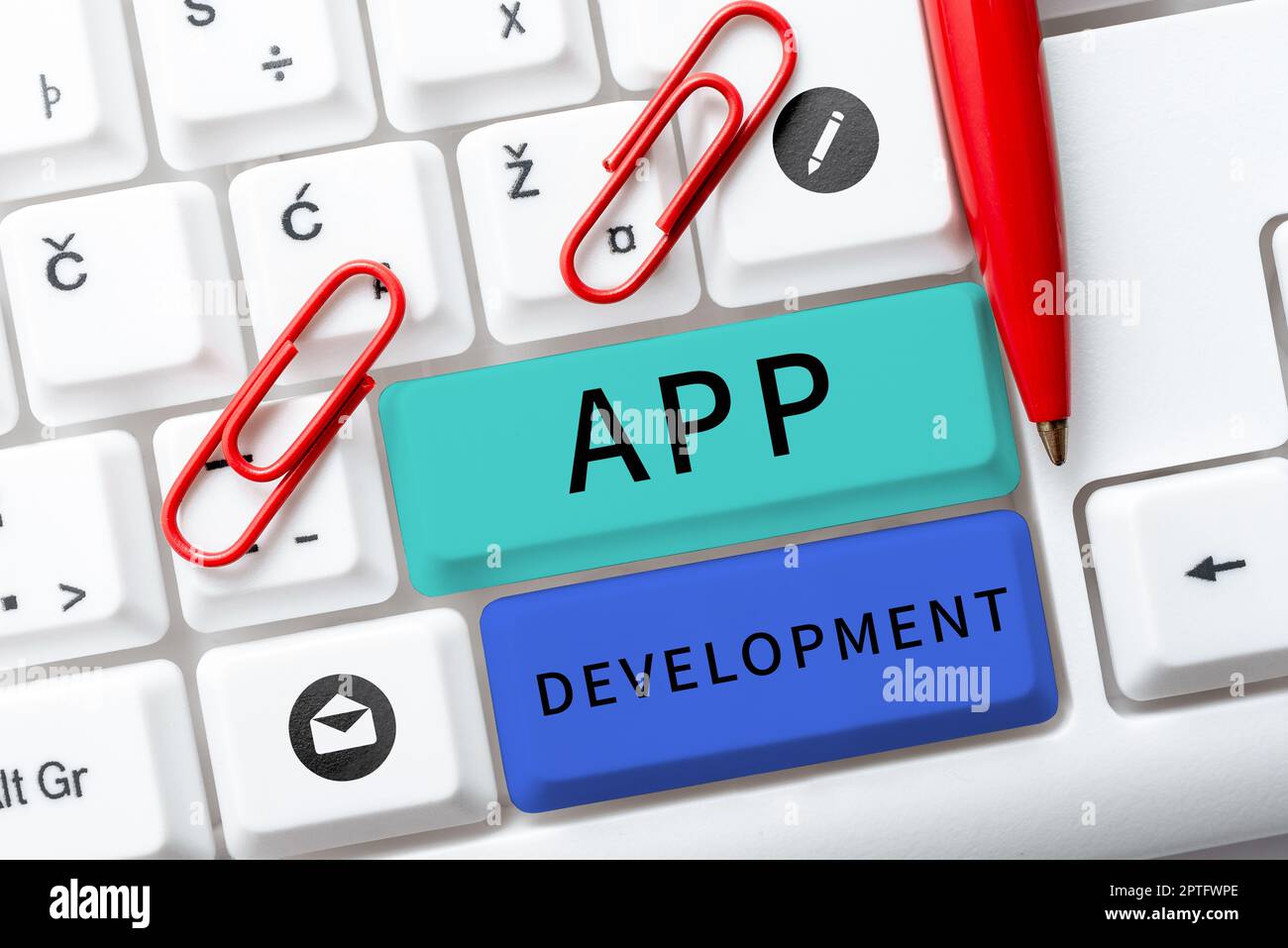 Textunterschrift, die App-Entwicklung, Word präsentiert, geschrieben über die Herstellung von Computersoftware mit einem speziellen Zweck Stockfoto