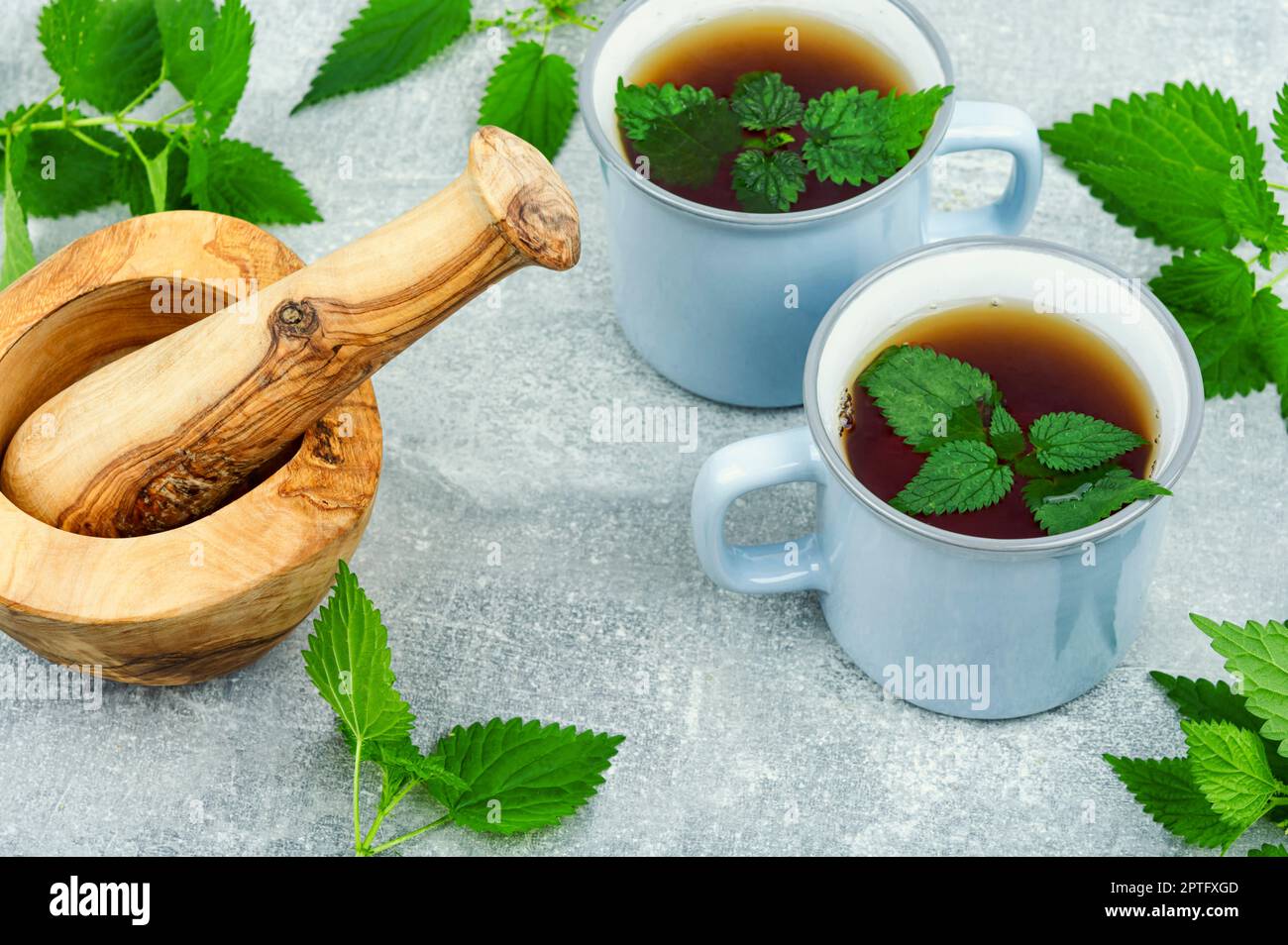 Pflanzliche Medizin, Tee mit frischen Nesselblättern. Homöopathisches  Getränk Stockfotografie - Alamy