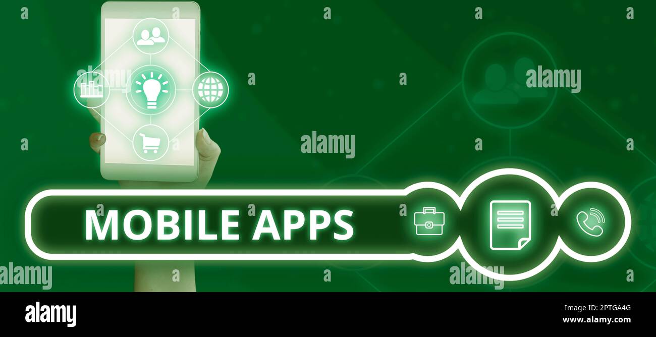 Textunterschrift für mobile Apps, Word für eine Softwareanwendung, die auf Handheld-Geräten ausgeführt werden kann Stockfoto