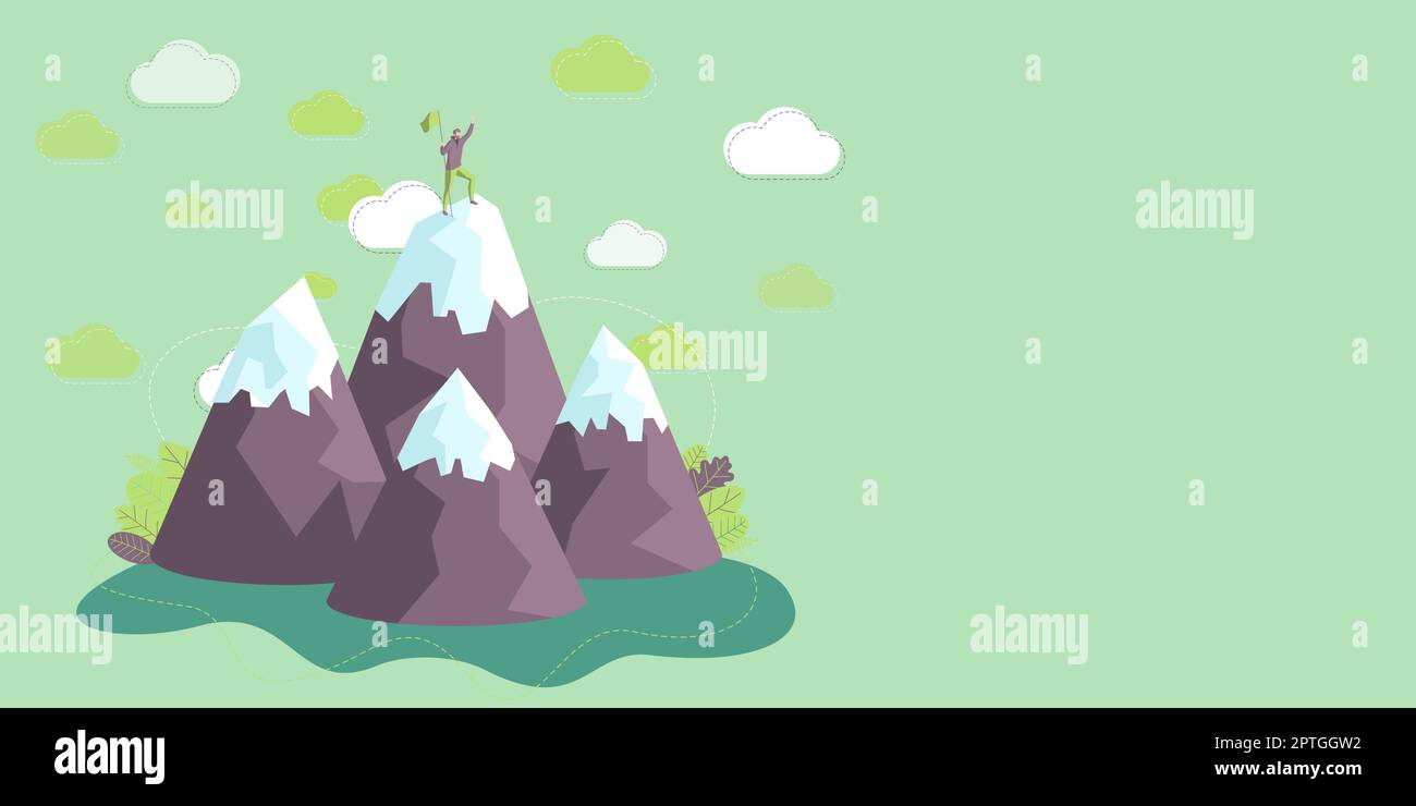 Mann auf Einem Berg, der stolz auf seinen Klettererfolg in die Wolken zieht. Stockfoto