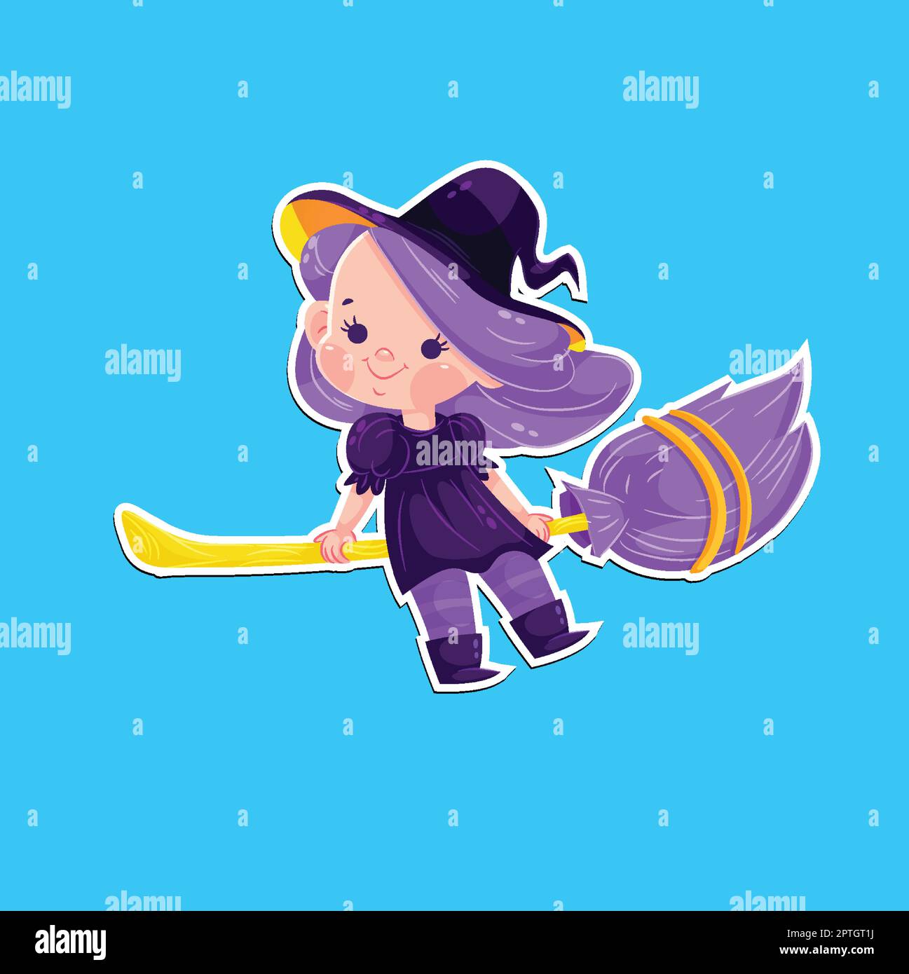 Sticker Baby Hexe Mädchen gruselig fliegender Besen Stock Vektor