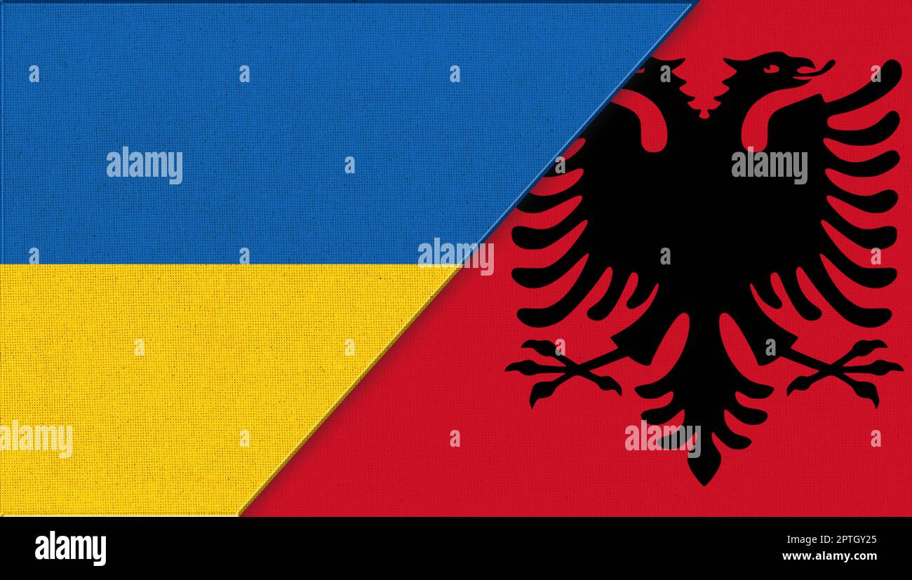 Flagge der Ukraine und Albaniens - Abbildung 3D. Two Flag Together-Fabric-Struktur. Europäisches Land. Nationale Symbole der Ukraine und Albaniens. Balkan Coun Stockfoto