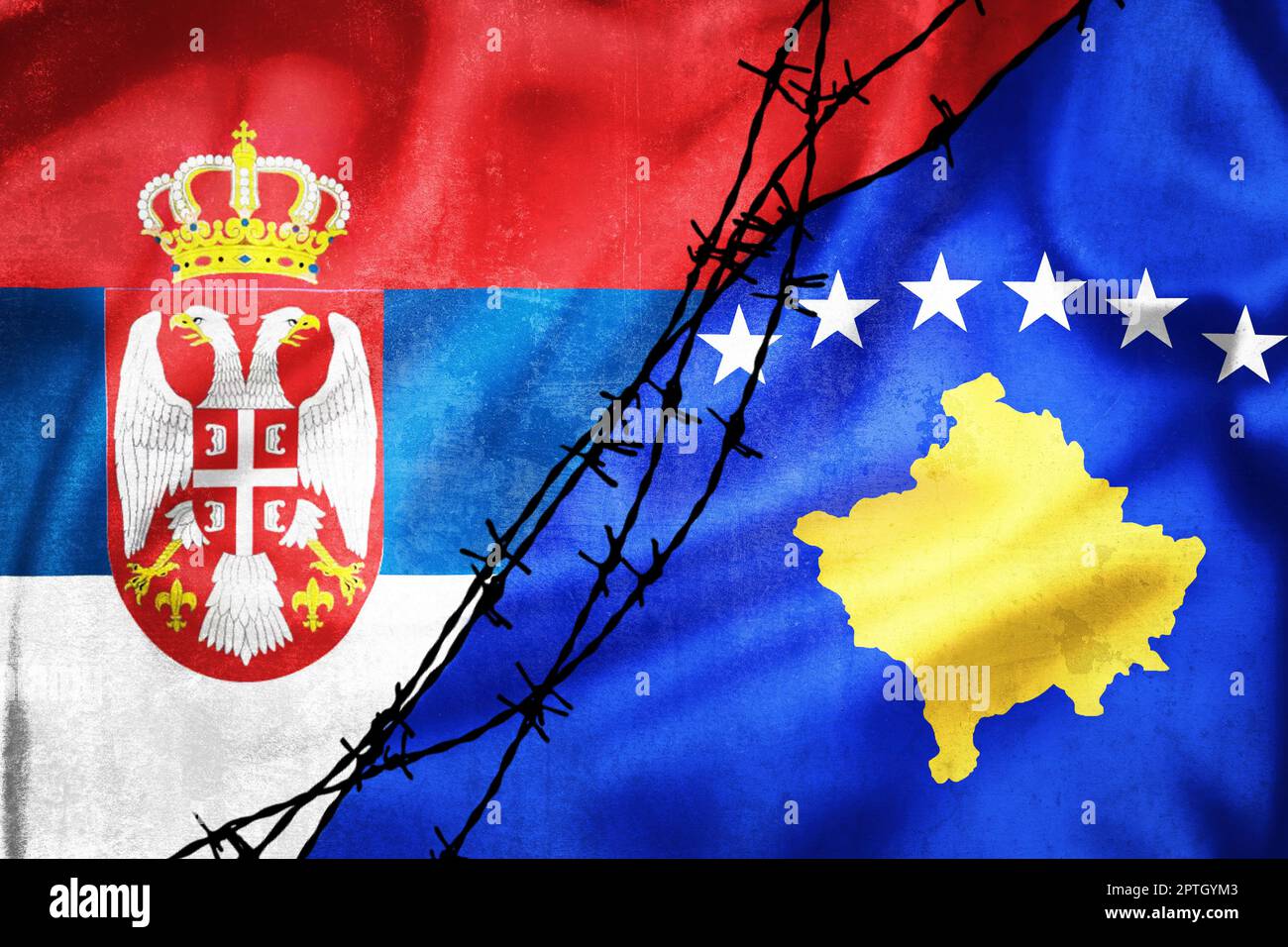 Grunge Flaggen von Serbien und Kosovo geteilt durch Stacheldraht Illustration, Konzept der angespannten Beziehungen zwischen Serbien und Kosovo Stockfoto