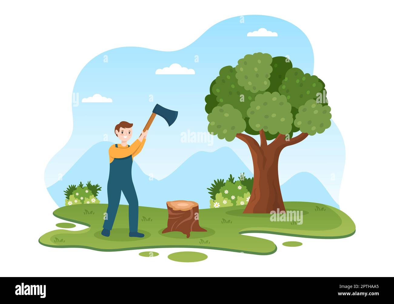 Menschen Baumschnitt und Holz mit LKW, Kettensäge Holz und Werkzeuge Protokollierung im Wald auf flachen Cartoon Handgezeichnete Vorlagen Illustration Stockfoto
