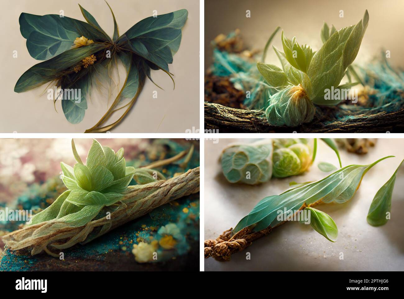 Eine Reihe von eklektischen Bildern von Pflanzen und Blumen. Digitale Kunst Stockfoto