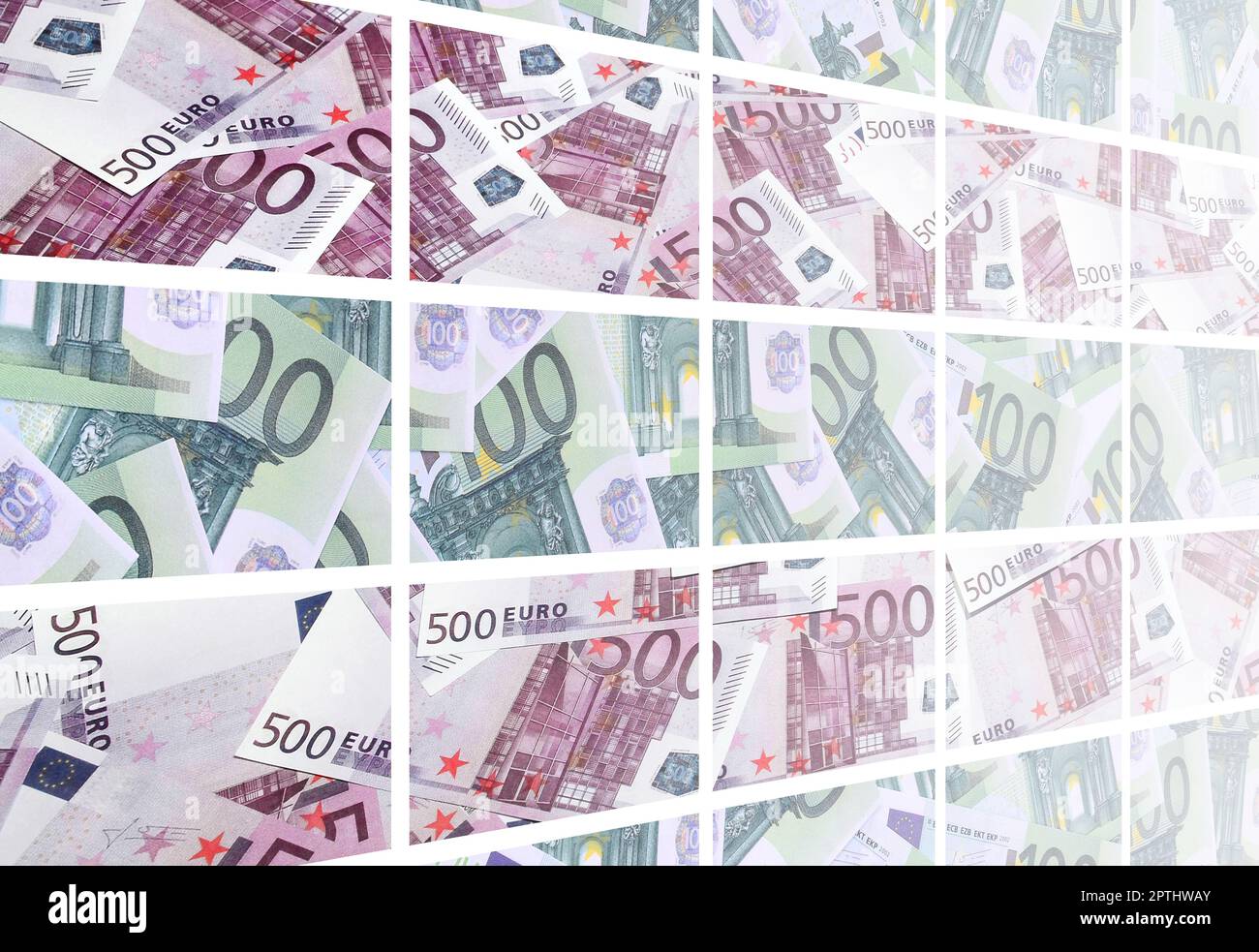 Eine Collage aus vielen Bildern von Hunderte von Dollar und Euro Rechnungen in einem Haufen Lügen Stockfoto