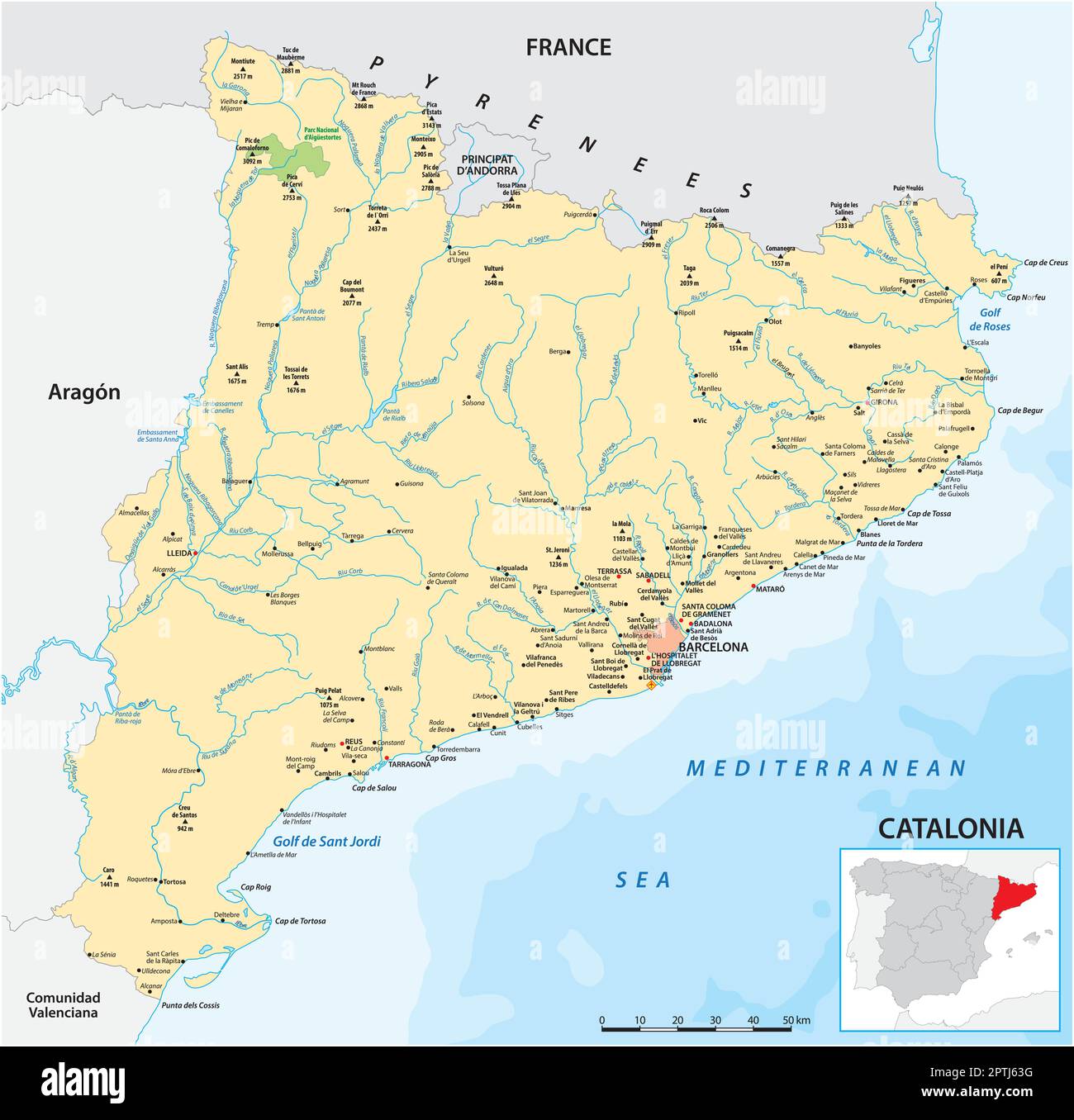 Vektorkarte der nordöstlichen spanischen Region Katalonien Stock Vektor
