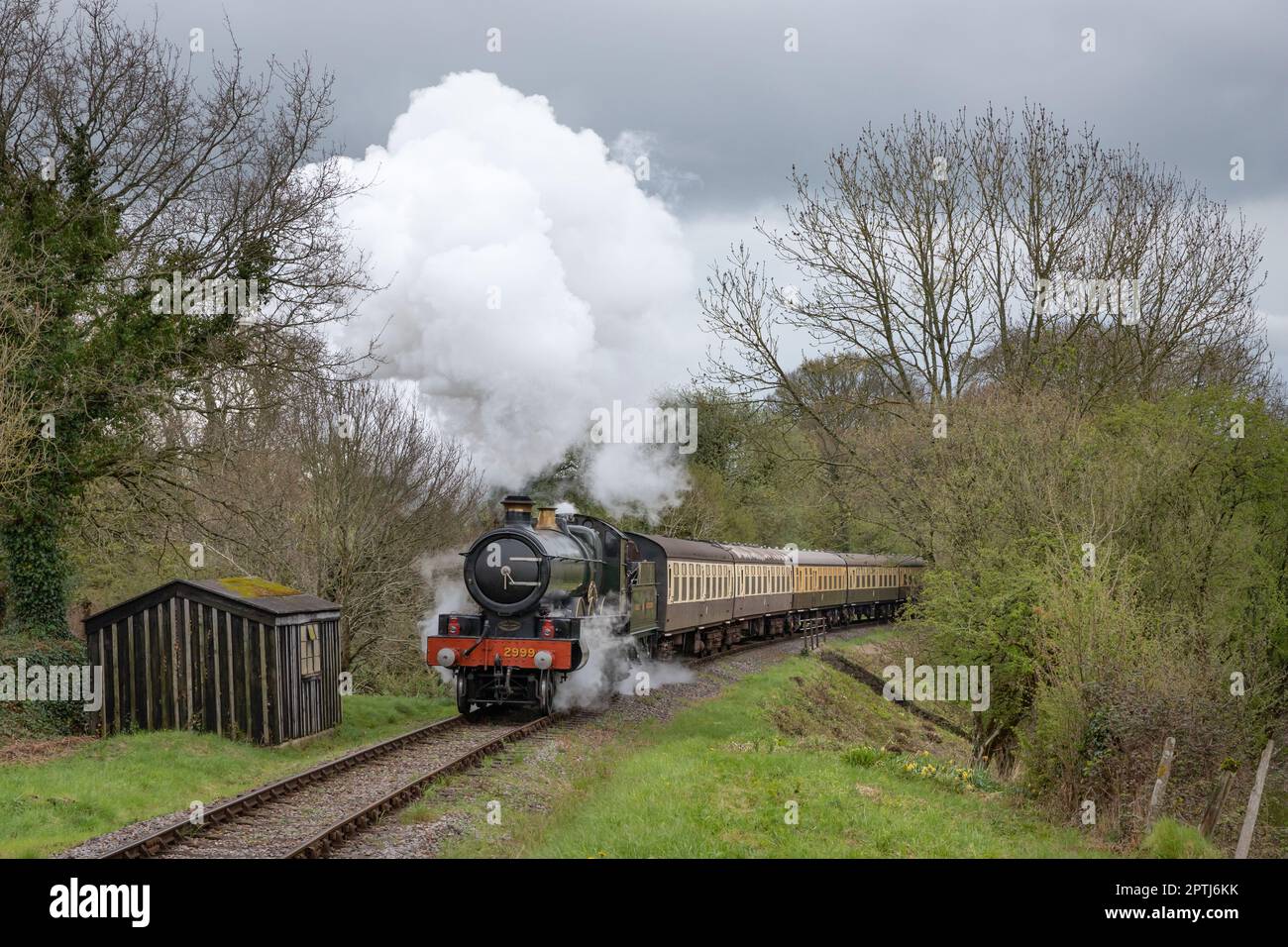 Saint-Class-Dampflokomotive Lady of Legend im Expresszug in Somerset Stockfoto