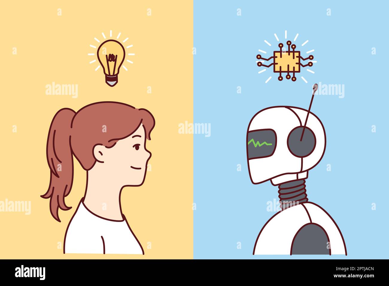 Frau und Roboter tauschen Gedanken aus Stock Vektor
