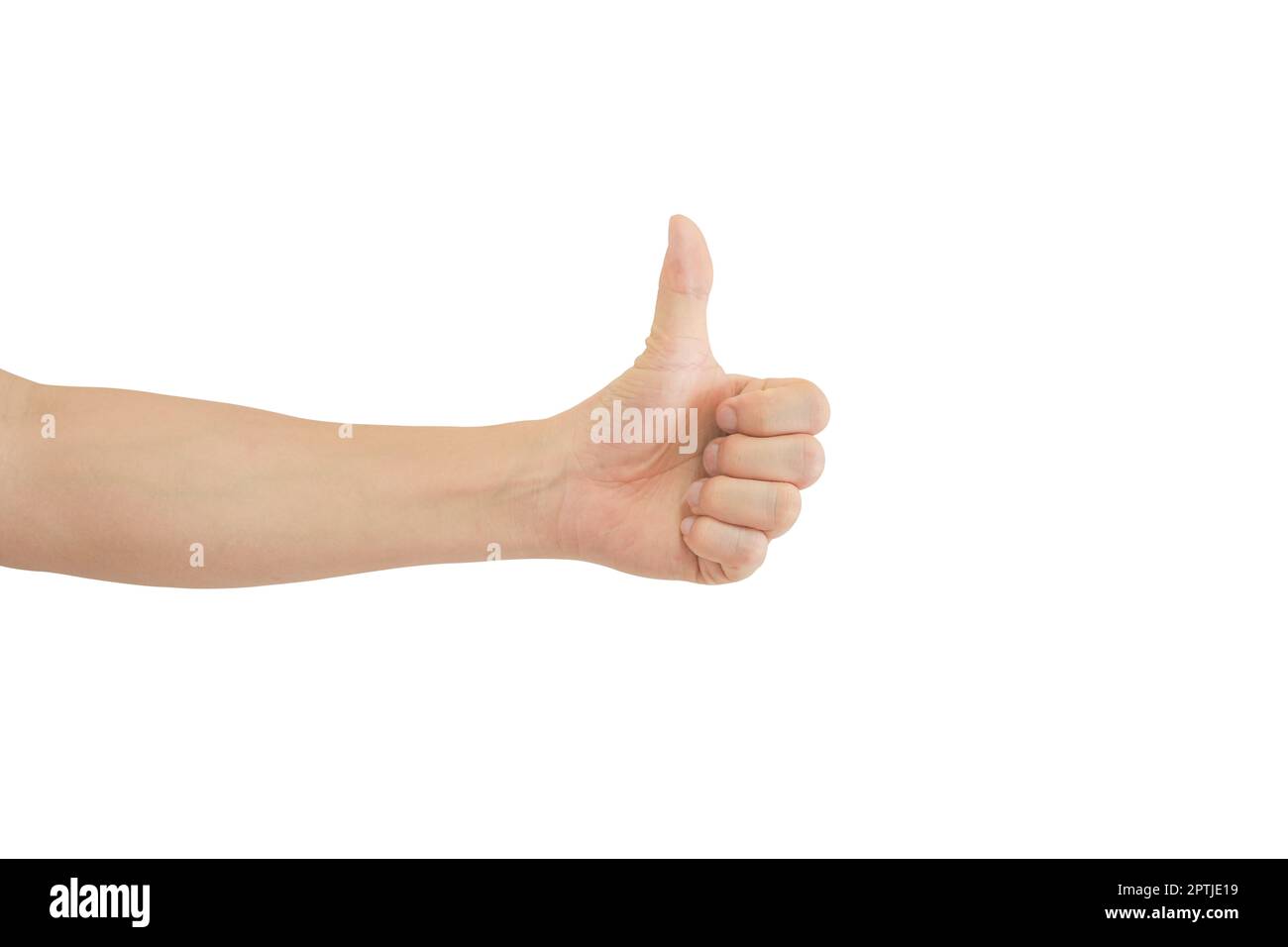 Heben Sie den Daumen isoliert auf weißem Hintergrund mit Beschneidungspfad. Konzept, wer das Beste bedeutet, Bewunderung, Ausgezeichnet Stockfoto